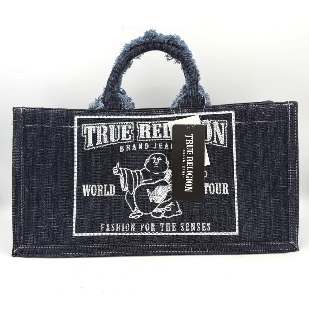 NWT Y2K True Religion World Tour Buddha Dark Wash Denim Tote Bag Frayed Purse